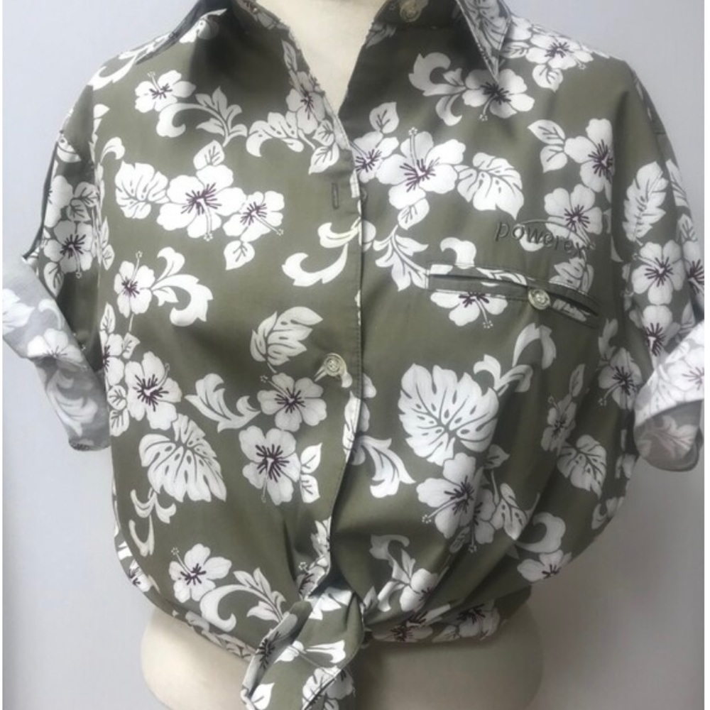 Vtg Y2K Womens Floral, Hawaiian Style Button Down  Shirt, Sz XL (12) Kha…